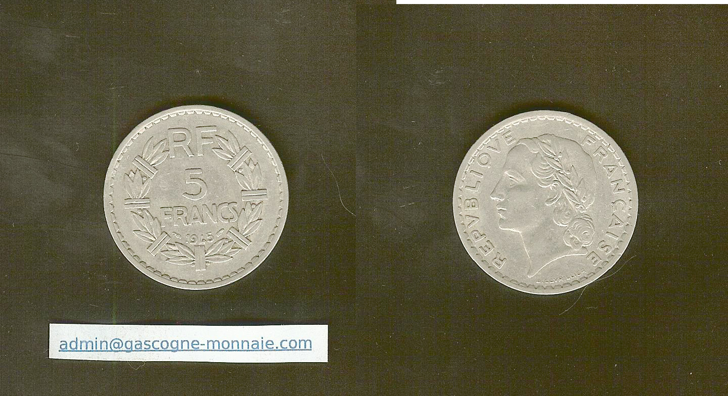 5 francs Lavriller 1945C gVF/EF